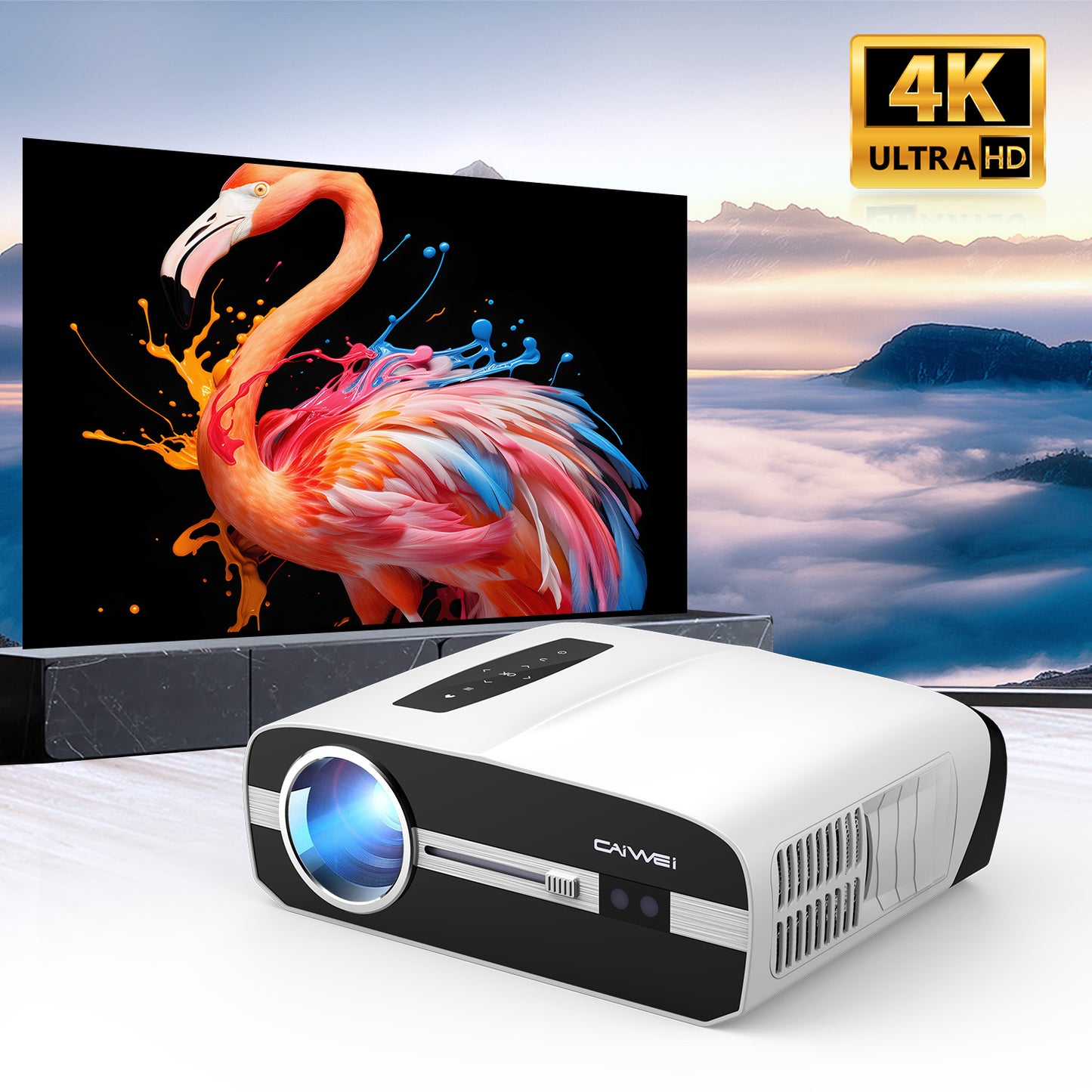 CAIWEI A9S Ultra HD 4K Projector with 5G Wifi and Bluetooth, Movie Projectors with NETFLIX/YouTube Android TV 9.0