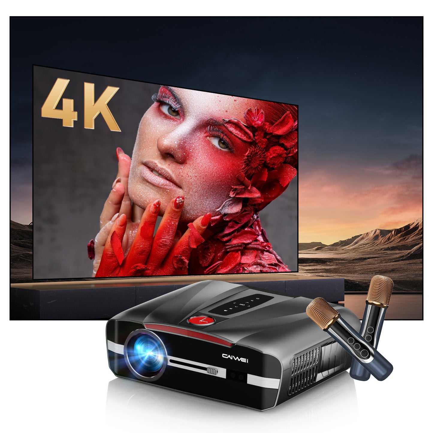 CAIWEI A9T Karaoke Daytime Projector 1600 ANSI 4K Smart Daylight Projector with ToF+CMOS Laser Autofocus, 1.2 Short Throw, HDMI ARC, Android TV Dual Mircophone NFC for Bright Room Home Theater Business