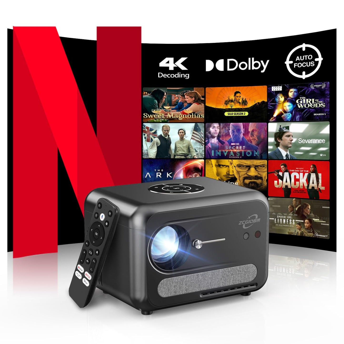 CAIWEI A6T 2025 Portable Movie Projector 4K Indoor Outdoor with NFC, WiFi 6 and Bluetooth 5.4, Netflix Licensed & DoIby Audio, HDMI ARC, Auto Focus/Keystone, Smart Android TV Proyector with Apps YouTube, HDR10+