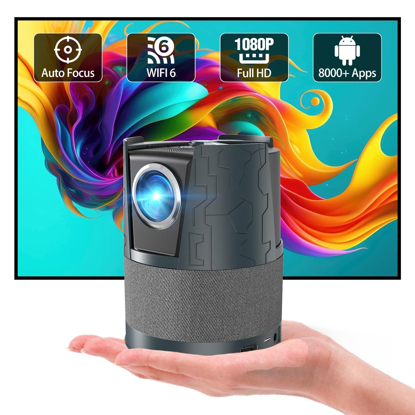 CAIWEI A3+ Portable Projector 4K Support Auto Focus HDR,1080P Ultra HD Mini Smart Home Theater Projector with WiFi 6 Bluetooth,Android TV,50% Zoom,1.12:1 Shorter-Throw,for Bedroom Gaming Outdoor Camping