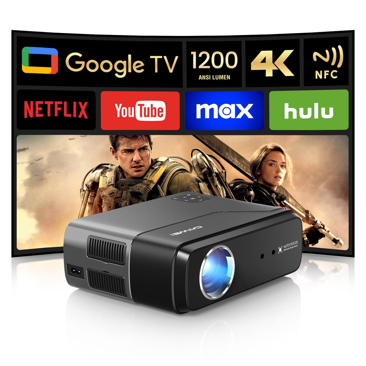 CAIWEI A8+ 4K Google TV Projector with Streaming Apps, Netflix Licensed 1200 ANSI Smart Projector with Wifi and Bluetooth Google Play, HDR, Dolby Audio, NFC, Auto Focus for Home Theater, Indoor, Bedroom