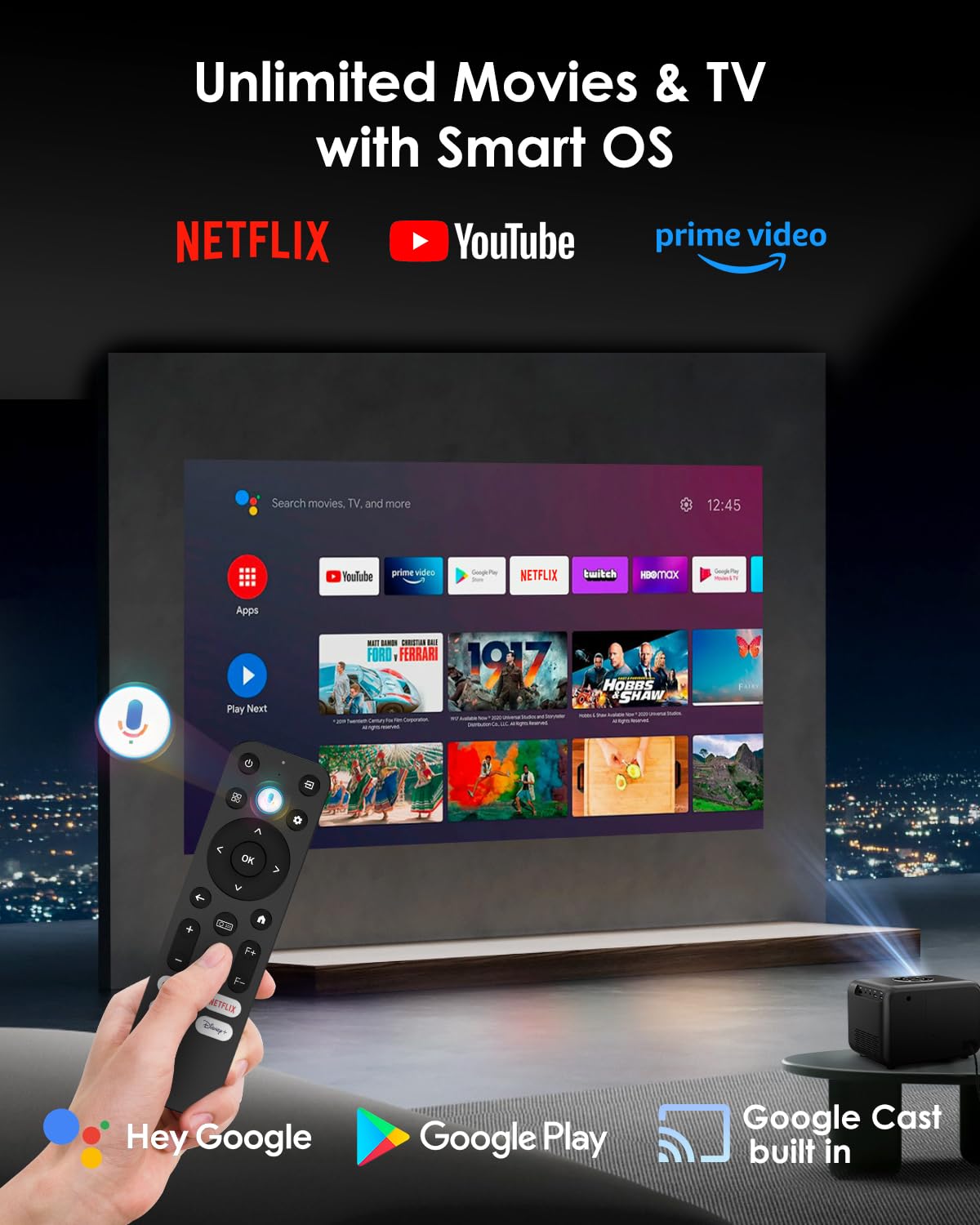 CAIWEI A6T 2025 Portable Movie Projector 4K Indoor Outdoor with NFC, WiFi 6 and Bluetooth 5.4, Netflix Licensed & DoIby Audio, HDMI ARC, Auto Focus/Keystone, Smart Android TV Proyector with Apps YouTube, HDR10+