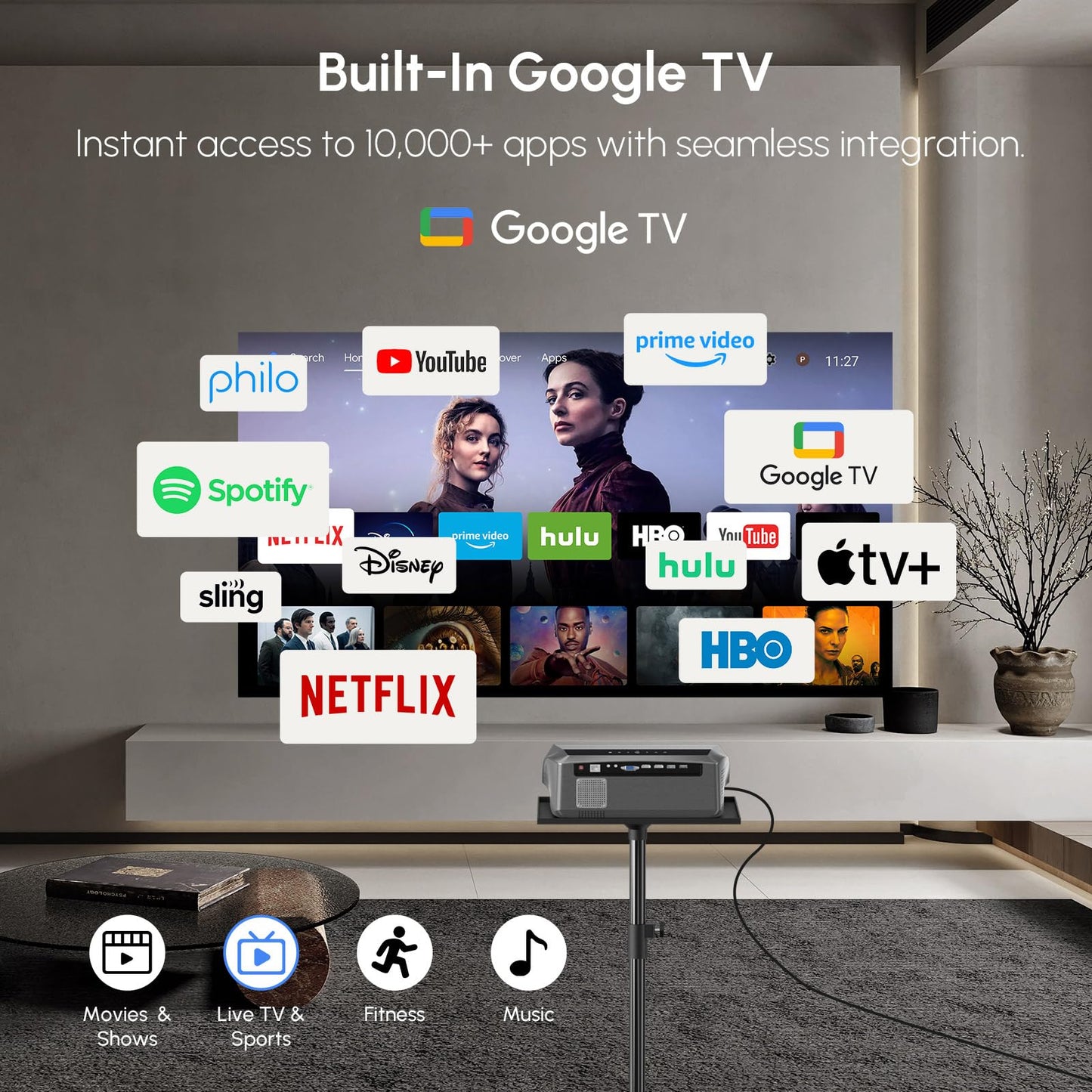 CAIWEI A10Q 4K Google TV Daytime Projector 2300 ANSI Ultra HD Smart Daylight Projector with ToF CMOS Auto Focus, 1.2 Short Throw, Dolby, Bluetooth WiFi6 for Bright Room, Home Theater, Outdoor Movie, Ceiling Mount