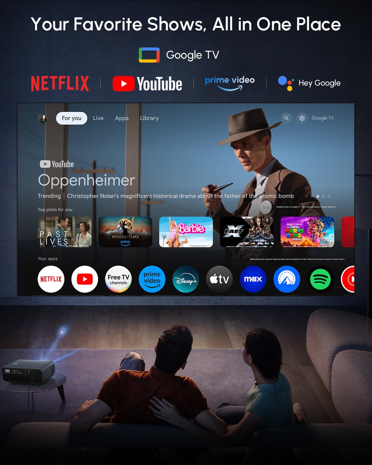 CAIWEI A12AB 4K Ultra HD Google TV Projector for Daylight Viewing, 2025 Upgrade 2200 ANSI Daytime Projector with Short Throw NFC Dolby 2×30W Speakers WiFi Bluetooth for Ceiling Mount Bright Room Home Theater