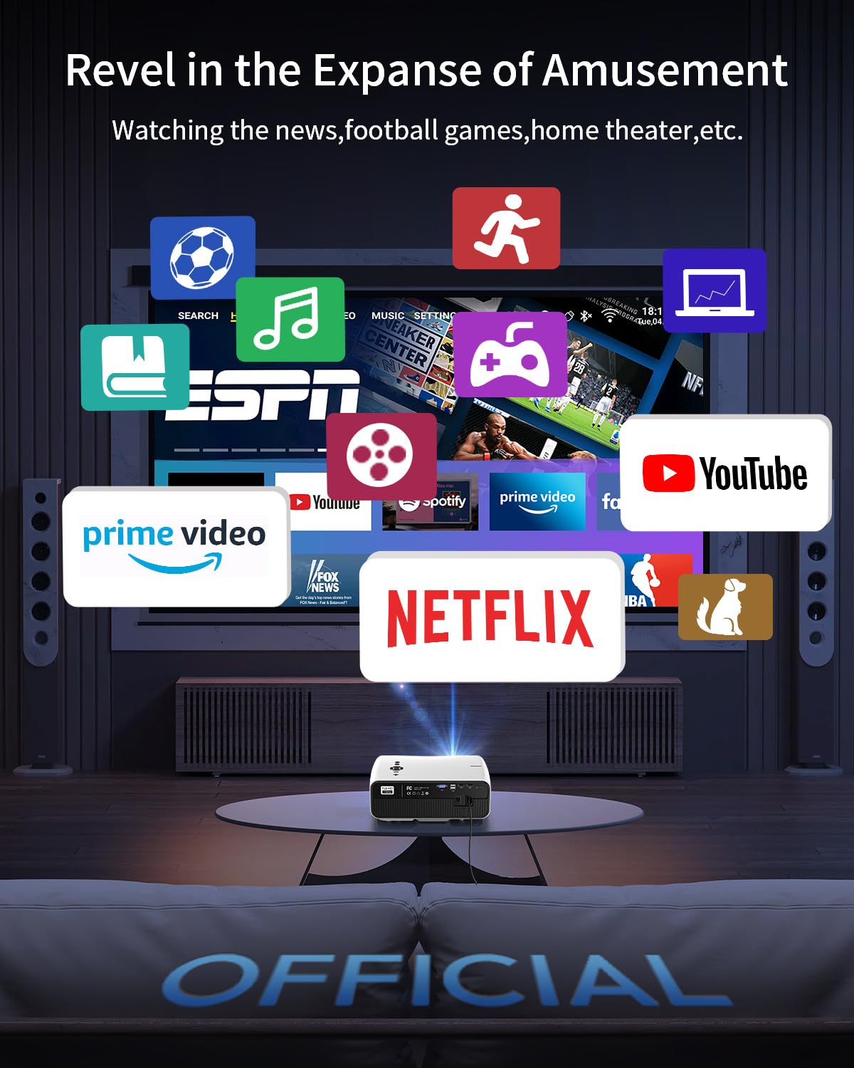 CAIWEI A12AB Smart 4K Daytime Projector with Apps,2200 ANSI Auto Focus Home Theater Projector with WiFi Bluetooth,300" Display HDR Native 1080P LED Android Projectors for TV Outdoor Movie Gaming Ceiling HDMI USB