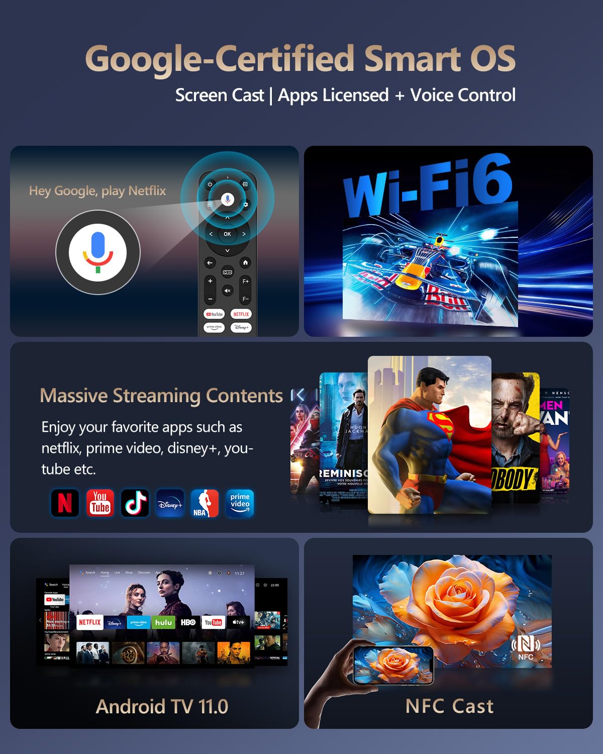 CAIWEI 1000D Smart Projector 4K with NETFLIX Licensed, NFC WiFi 6, Bluetooth 5.4 Dolby Audio, Ultra Bright Daylight Projector 2200ANSI HDR ToF Laser Auto Focus Shorter Throw, for Movie Gaming TV Home Theater