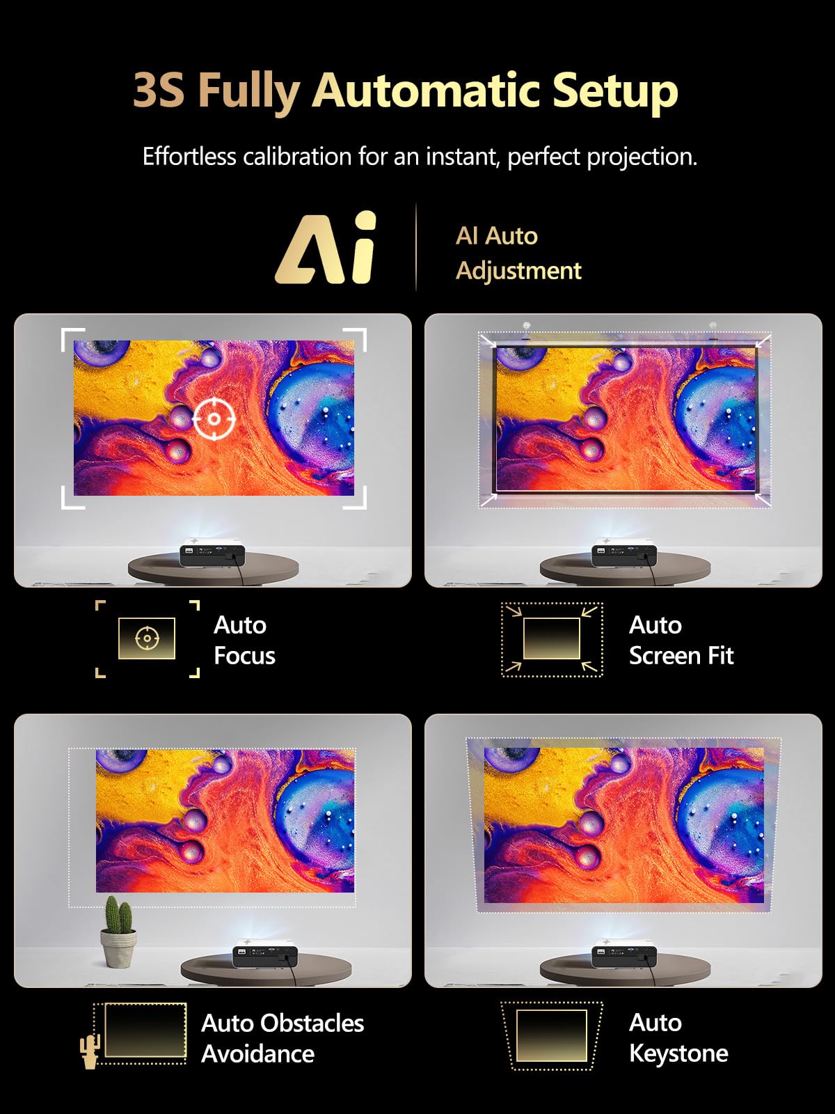 CAIWEI A12AB Smart 4K Daytime Projector with Apps,2200 ANSI Auto Focus Home Theater Projector with WiFi Bluetooth,300" Display HDR Native 1080P LED Android Projectors for TV Outdoor Movie Gaming Ceiling HDMI USB