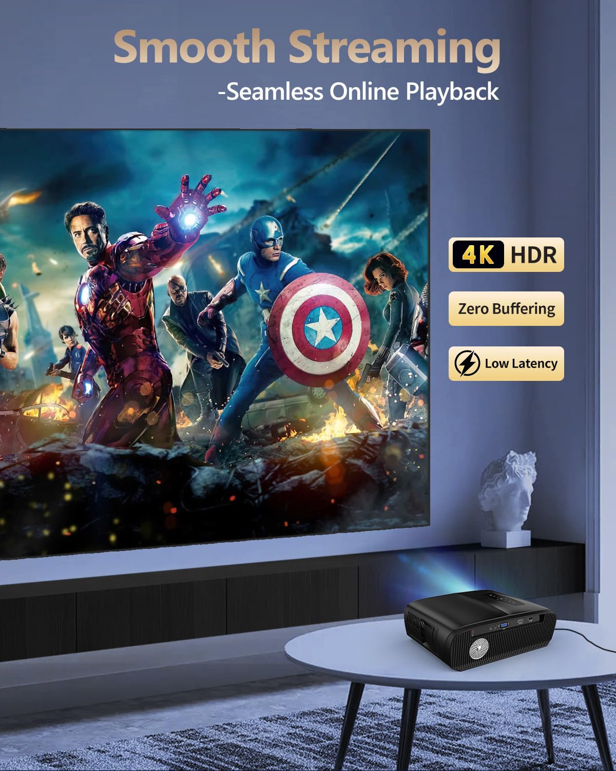 CAIWEI 1000D Smart Projector 4K with NETFLIX Licensed, NFC WiFi 6, Bluetooth 5.4 Dolby Audio, Ultra Bright Daylight Projector 2200ANSI HDR ToF Laser Auto Focus Shorter Throw, for Movie Gaming TV Home Theater