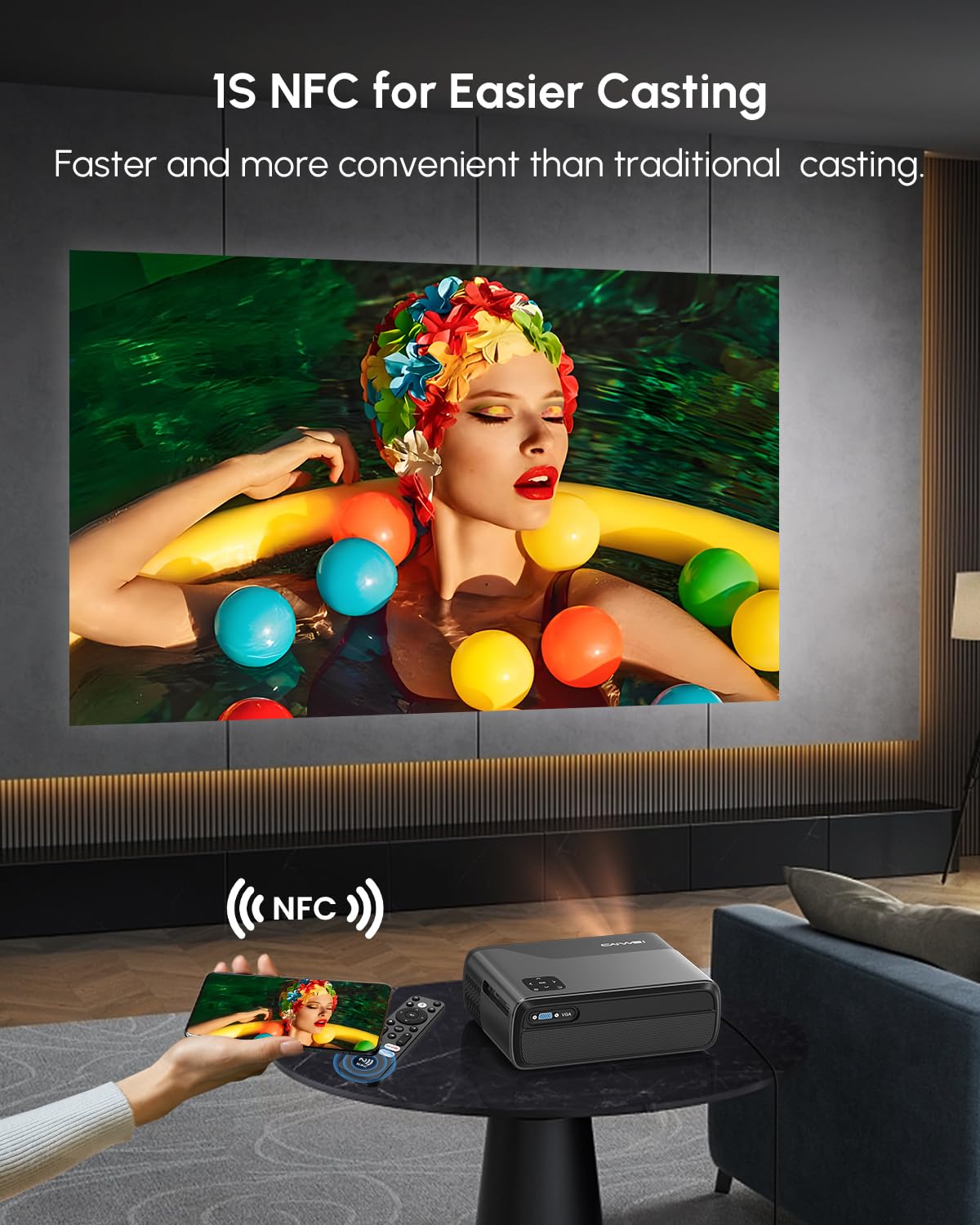 CAIWEI A8+ 4K Google TV Projector with Streaming Apps, Netflix Licensed 1200 ANSI Smart Projector with Wifi and Bluetooth Google Play, HDR, Dolby Audio, NFC, Auto Focus for Home Theater, Indoor, Bedroom