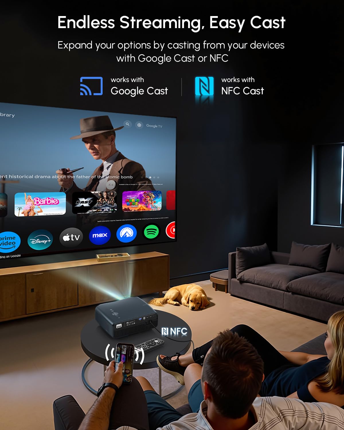 CAIWEI A12AB 4K Ultra HD Google TV Projector for Daylight Viewing, 2025 Upgrade 2200 ANSI Daytime Projector with Short Throw NFC Dolby 2×30W Speakers WiFi Bluetooth for Ceiling Mount Bright Room Home Theater