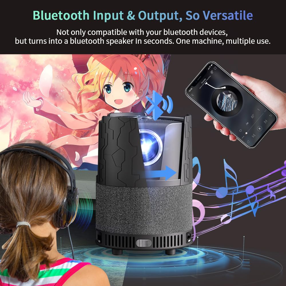 CAIWEI A3+ Portable Projector 4K Support Auto Focus HDR,1080P Ultra HD Mini Smart Home Theater Projector with WiFi 6 Bluetooth,Android TV,50% Zoom,1.12:1 Shorter-Throw,for Bedroom Gaming Outdoor Camping