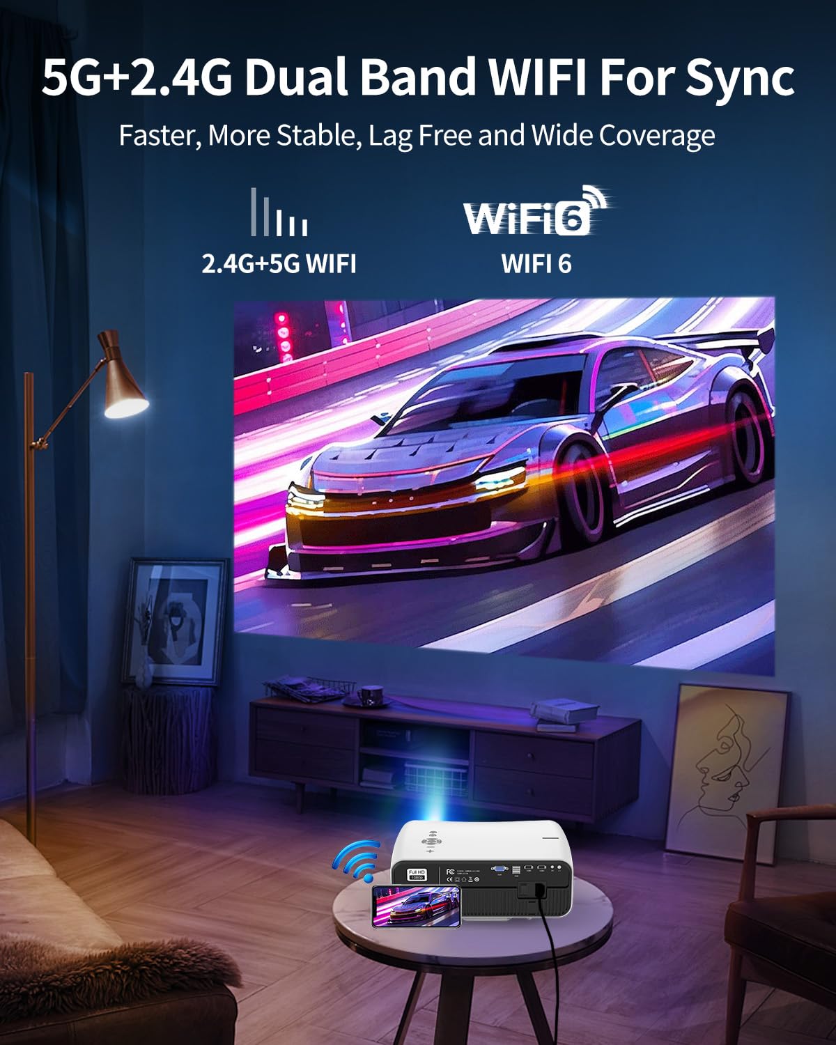 CAIWEI A12AB Smart 4K Daytime Projector with Apps,2200 ANSI Auto Focus Home Theater Projector with WiFi Bluetooth,300" Display HDR Native 1080P LED Android Projectors for TV Outdoor Movie Gaming Ceiling HDMI USB