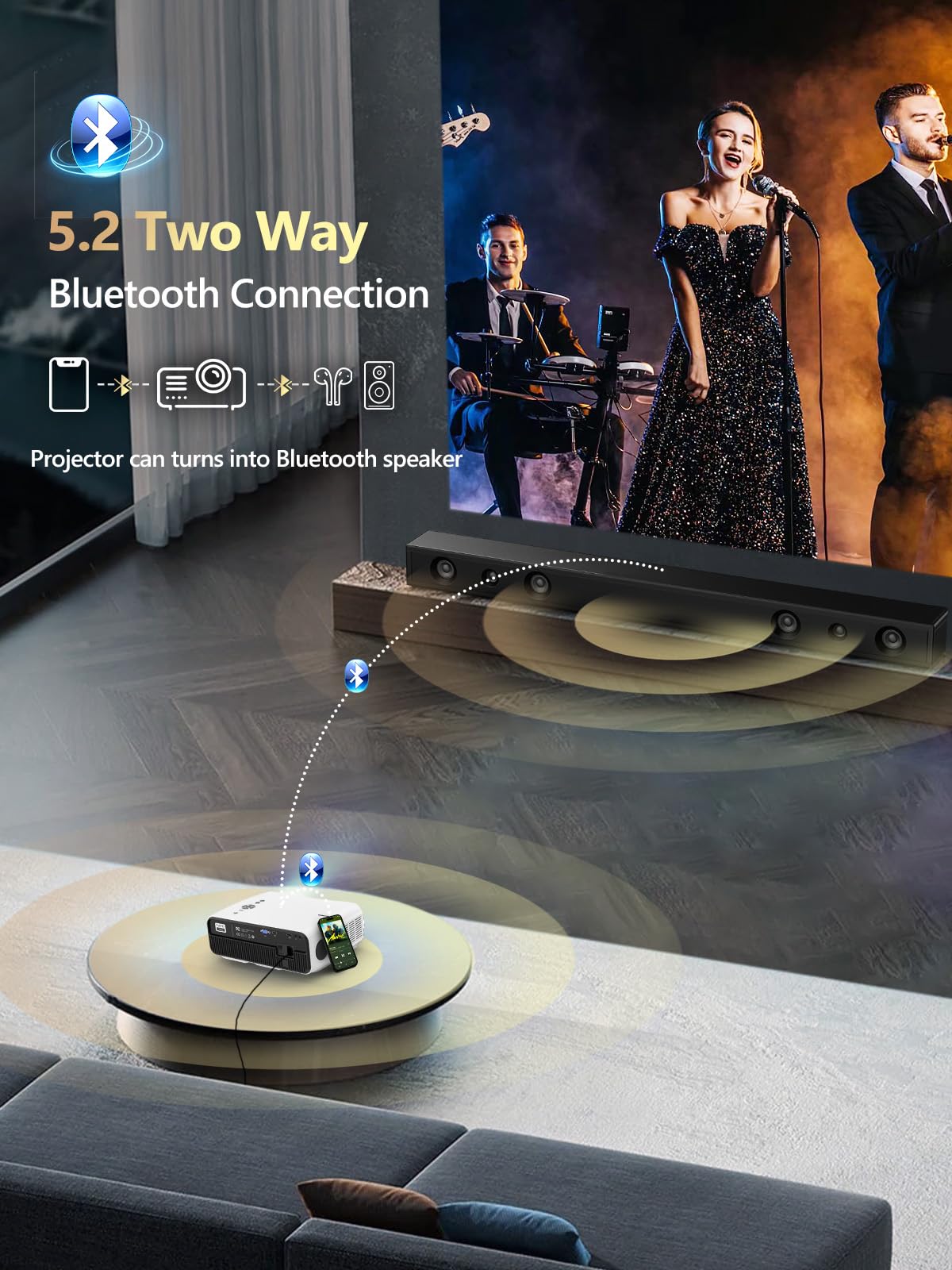 CAIWEI A12AB Smart 4K Daytime Projector with Apps,2200 ANSI Auto Focus Home Theater Projector with WiFi Bluetooth,300" Display HDR Native 1080P LED Android Projectors for TV Outdoor Movie Gaming Ceiling HDMI USB