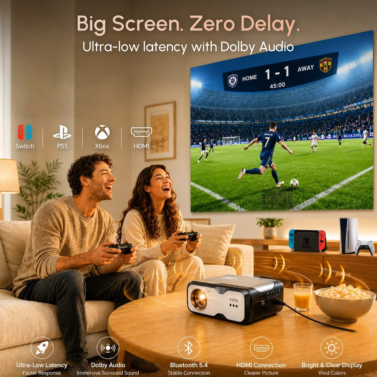 D6F Native 1080P Projector with 4K Support, 1600 ANSI Lumens Smart Projector with AI Auto Focus & Keystone, WiFi 6 & Bluetooth 5.4, Dolby Audio, Ultra-Low Latency Gaming, EyeCare 2.0 — Ideal for Home Theater & Outdoor Movies