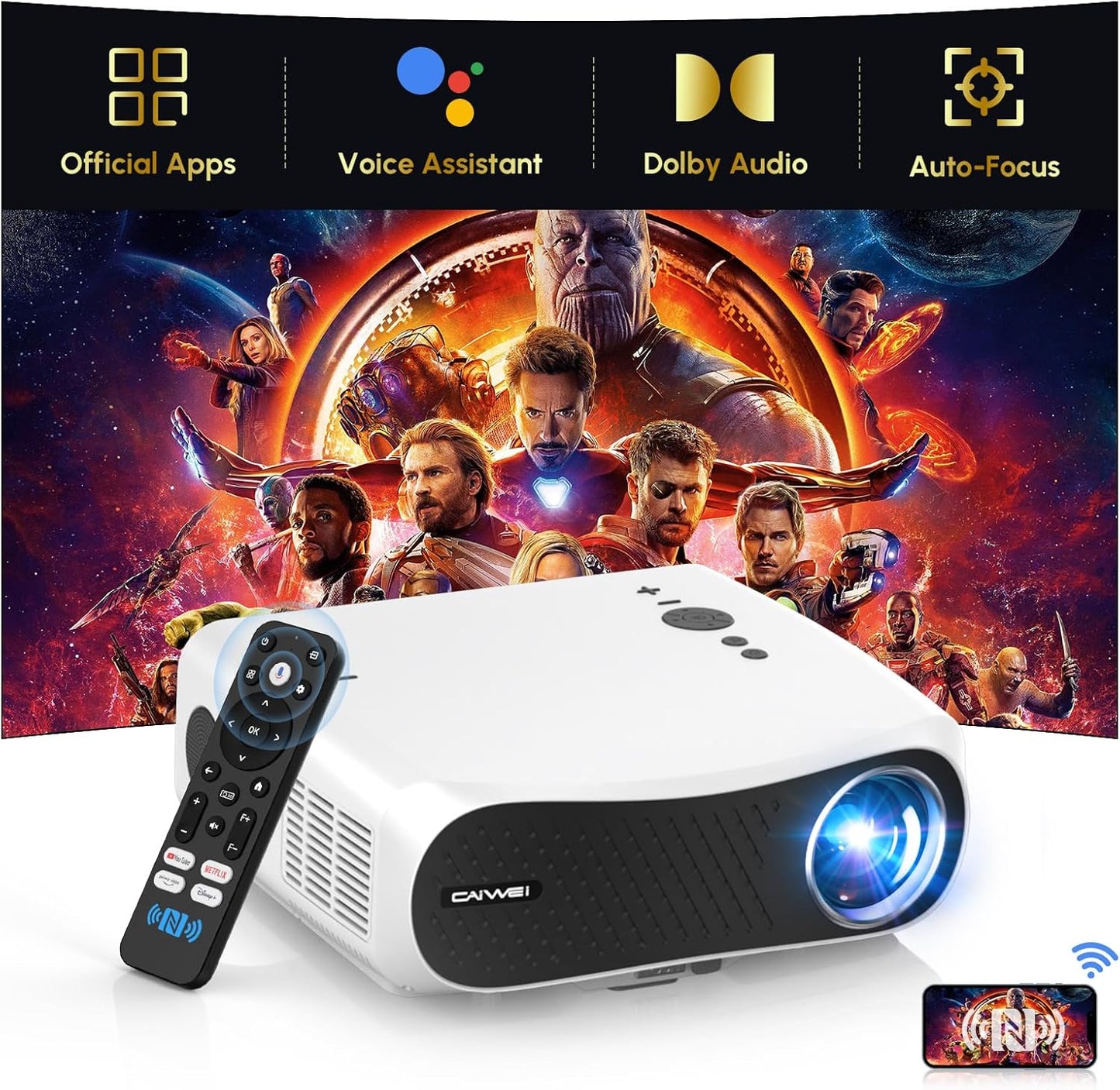 CAIWEI A12AB Smart 4K Daytime Projector with Apps,2200 ANSI Auto Focus Home Theater Projector with WiFi Bluetooth,300" Display HDR Native 1080P LED Android Projectors for TV Outdoor Movie Gaming Ceiling HDMI USB