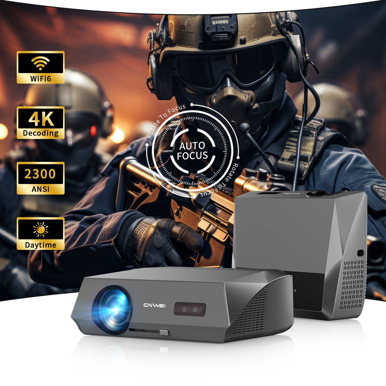 CAIWEI A10Q 4K Daytime Projector 2300 ANSI Ultra Bright Smart Projector with DSP Sound, Auto Focus, NFC for Easily Casting, Gaming Projector for Daylight Viewing, Bright Room Home theater