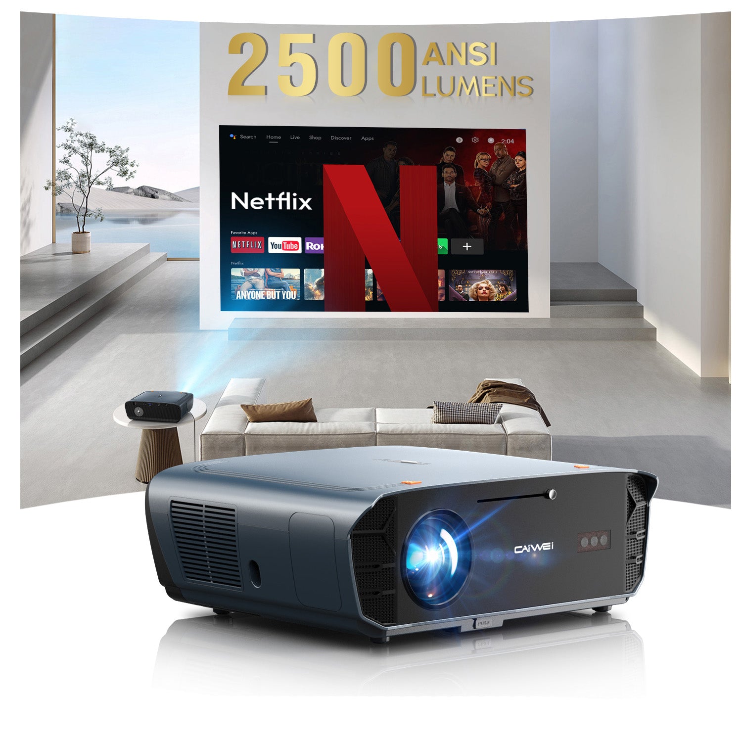 CAIWEI S7+ 4K Projector with 2026 Google TV 【Netflix Certified & Tof+CMOS Auto Focus】2500 ANSI Daytime Smart Projector Wireless NFC, WiFi6, Bluetooth,HDR10+,Dolby Audio, for Home Cinema/Outdoor Movies
