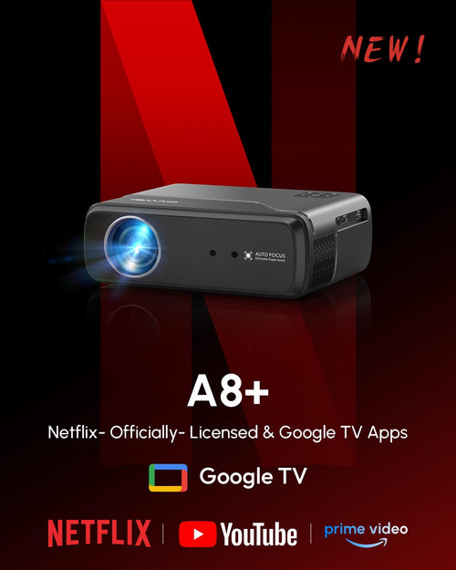 CAIWEI A8+ 4K Google TV Projector with Streaming Apps, Netflix Licensed 1500 ANSI Smart Projector with Wifi and Bluetooth Google Play, HDR, Dolby Audio, NFC, Auto Focus for Home Theater, Indoor, Bedroom