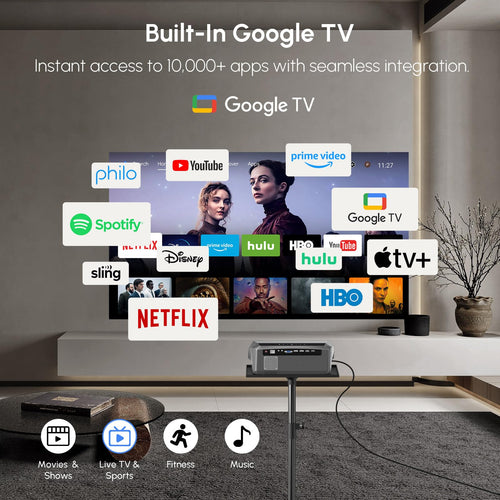 CAIWEI A10Q 4K Google TV Daytime Projector 2300 ANSI Ultra HD Smart Daylight Projector with ToF CMOS Auto Focus, 1.2 Short Throw, Dolby, Bluetooth WiFi6 for Bright Room, Home Theater, Outdoor Movie, Ceiling Mount