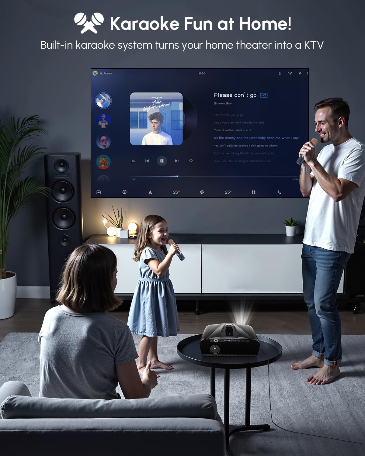 CAIWEI A9T Karaoke Daytime Projector 4200 ANSI 4K Smart Daylight Projector with ToF+CMOS Laser Autofocus, 1.2 Short Throw, HDMI ARC, Android TV Dual Mircophone NFC for Bright Room Home Theater Business