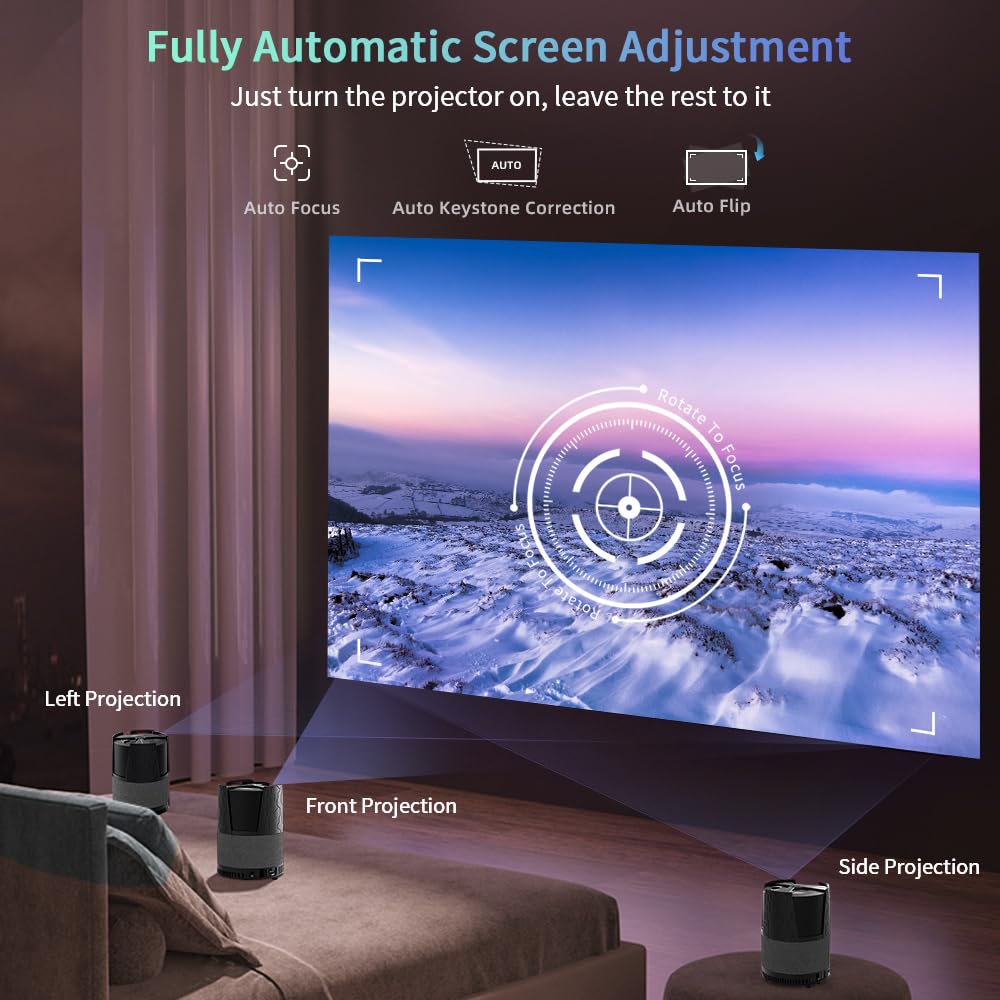 CAIWEI A3+ Portable Projector 4K Support Auto Focus HDR,1080P Ultra HD Mini Smart Home Theater Projector with WiFi 6 Bluetooth,Android TV,50% Zoom,1.12:1 Shorter-Throw,for Bedroom Gaming Outdoor Camping